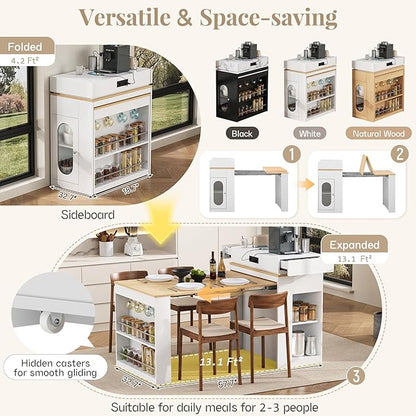 Extendable Dining Table with Folding Tabletop & Power Outlet, Modern Kitchen Island Sideboard with Wheels, Hidden Drawers & USB Charging, Sturdy Buffet Table for Small Spaces (Creamy White+Natural)