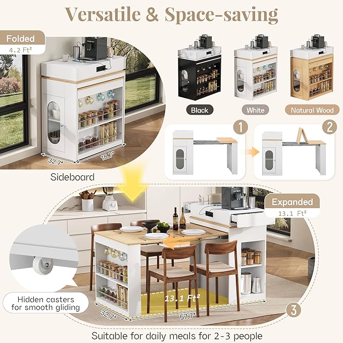 Extendable Dining Table with Folding Tabletop,Bar Table with Drawers and Power Outlet,Kitchen Island with Wheels and Hooks,for Dining Room (Creamy White+Natural/)