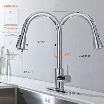 Keer Polished Chrome Single Handle Pull Down Kitchen Faucet with Soap Dispenser, 3 Modes Sprayer, Easy Assembly, Single Handle High Arc Stainless Steel Faucet