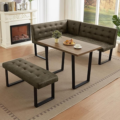HIPIHOM 3-Piece Corner Dining Table Set with Bench, 70 Inch Space-Saving Breakfast Nook for Kitchen & Dining Room(Walnut Table+Right Seat Brown Bench)