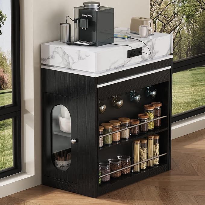 Versatile Extendable Dining Table with Hidden Wheels and Drawers, Farmhouse Kitchen Island with Charging Station and Glass-Door, Sideboard for Kitchen and Dining Room (Black)