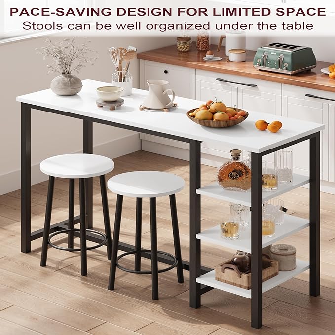 Amvove Bar Table and Chairs Set for 2, Kitchen Island with Storage Shelves Kitchen Table with 2 Bar Stools Counter Height Dining Table Set Breakfast Nook for Small Space & Kitchen,High Top Table