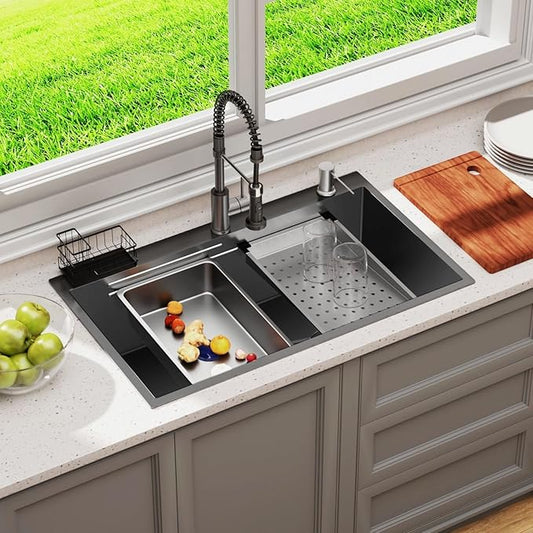 28 x 18 inch Kitchen Sink, Single Bowl Stainless Steel Gunmetal Black Topmount Drop in Sink with Pull-Down Faucet (Black, 2818)
