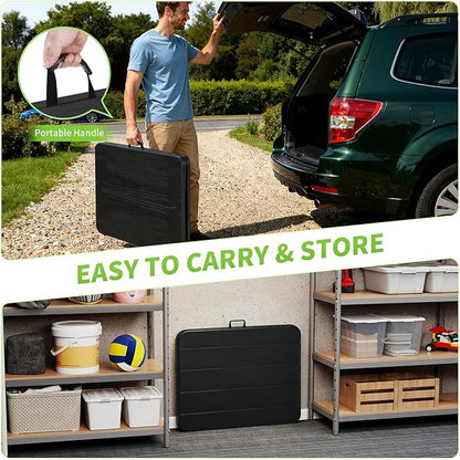 BestOffice 6 FT Picnic Table, Portable Plastic Folding Table with Carrying Handle Perfect for Picnics, Parties, Party and Camping, Black Wood Grain