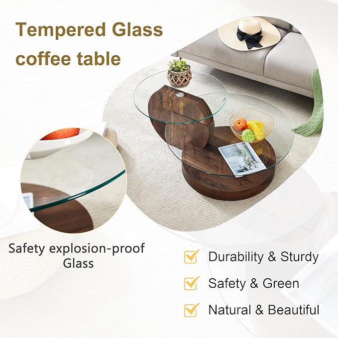 Glass Coffee Table, Modern Round Glass Coffee Table with Wooden Base, 3 Tier Round Coffee Table, Clear Cocktail Table with Storage for Living Room, Office, Balcony (42″ Walnut)