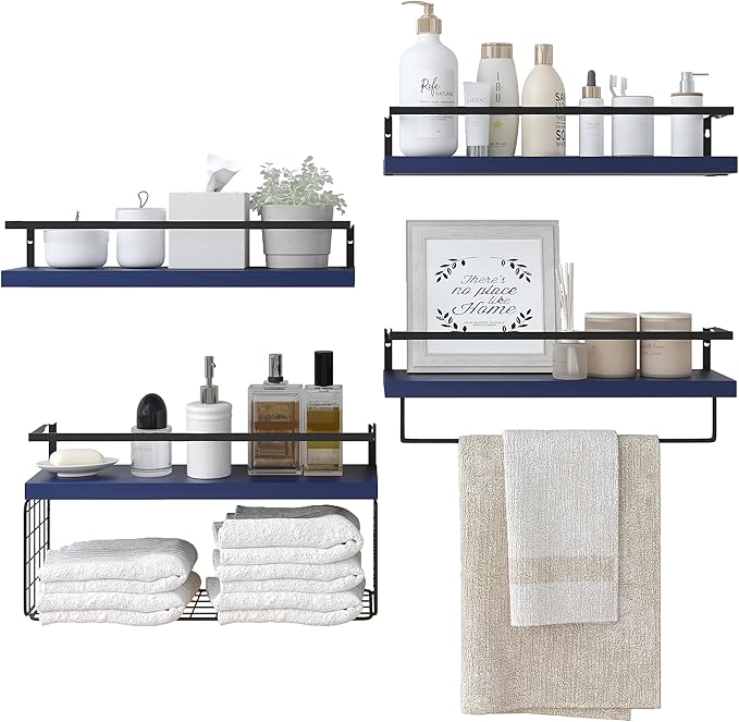Wood Floating Shelves Wall Mounted - 4+1 Tier Rustic Bathroom Wall Shelves Over Toilet with Wire Storage Basket and Towel Bar, set of 4 Farmhouse Floating Shelf for Bathroom, Kitchen,Navy Blue.