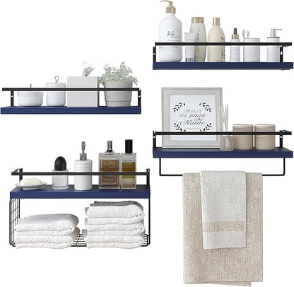 Wood Floating Shelves Wall Mounted - 4+1 Tier Rustic Bathroom Wall Shelves Over Toilet with Wire Storage Basket and Towel Bar, set of 4 Farmhouse Floating Shelf for Bathroom, Kitchen,Navy Blue.