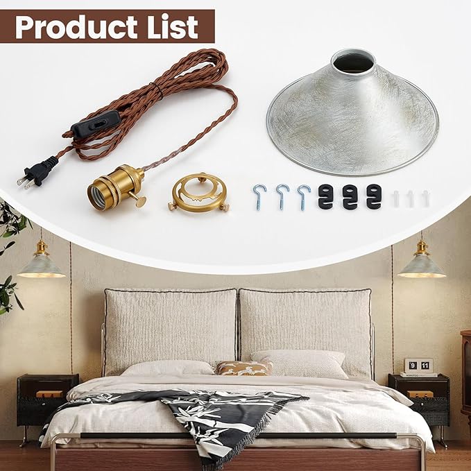 Hanging Lights with Plug in Cord Antique Silver Cage Industrial Pendant Light On/Off Switches Distressed Vintage Metal Finish Hanging Lamp for Farmhouse, Loft & Cafe Lighting