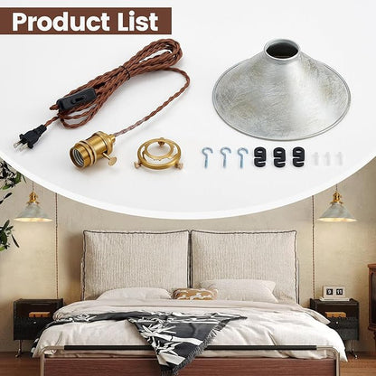 Plug in Pendant Light, 8.2 Inch Silver Pendant Light Fixtures On/Off Switch, Adjustable 14Ft Light Cord Hanging Pendant Light for Kitchen Bedroom Restaurant 2 Pack