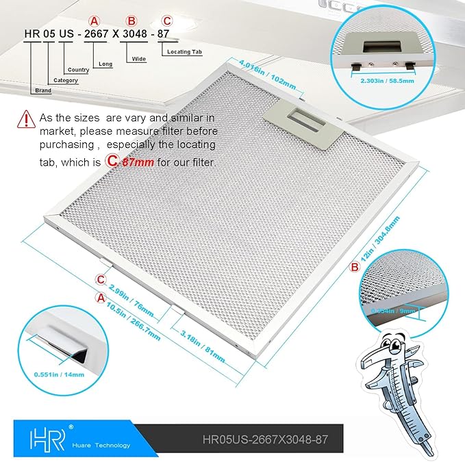 Upgraded W10169961A Range Hood Filter Replacement, Fits Whirlpool, Ikea, Kitchen Aid, Jenn Air, Aluminum Mesh Hood Grease Filter 10.5x12Inch, HR Huare Technology Aluminum Range Hood Vent Filters,1PCS
