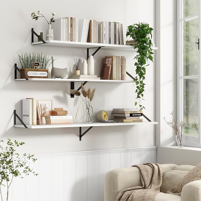 36"W x 12"D Floating Shelves, White Deep Floating Shelves for Wall with Brackets, 12 Inch Deep Wall Shelves for Books, Wide Display Storage Shelves for Bathroom, Living Room, 36 Inch Long, Set of 2