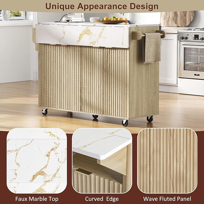 Modern Dining Table Kitchen Island with 2 Drop, Cart with Power Outlet, 4 Doors, Spice Rack, Rolling Wood Grain Top Table, Curved Edge for Living Room,Natural-MDF
