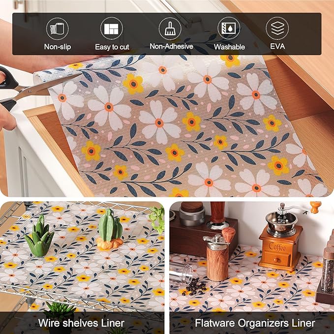 Cooyes Shelf Liner – Premium Non-Adhesive Cabinet & Drawer Liner for Kitchen – Waterproof Shelf Paper with Modern Pattern – Durable EVA Cabinet Mat – Easy to Cut （24" W x 120" L）