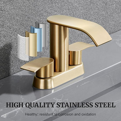 Ultimate Unicorn Bathroom Faucet for Sink Champagne Bronze, 4 Inch Bathroom Faucet for 3 Hole or 2 Hole, 2 Handle Waterfall Faucets with Pop up Drain, Centerset Faucets for RV Counter