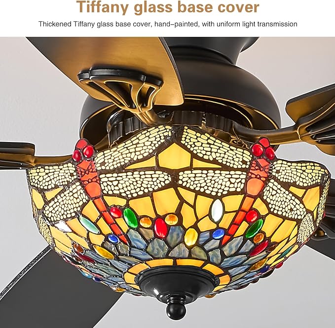 Tiffany Ceiling Fans with Lights - 52" Ceiling Fan Chandelier with 5 Dual-Blades and Glass Shade, 6 Speeds and Reversible, Indoor and Outdoor, Retro Style