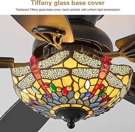 Tiffany Ceiling Fans with Lights - 52" Ceiling Fan Chandelier with 5 Dual-Blades and Glass Shade, 6 Speeds and Reversible, Indoor and Outdoor, Retro Style