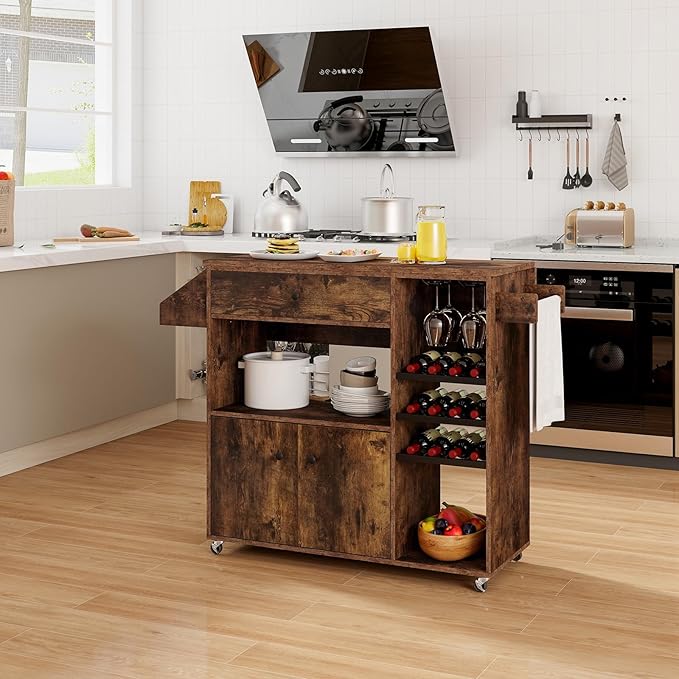 Giantex Rolling Kitchen Island Cart with Drop Leaf, Power Outlet, Spice Rack, 12 Wine Rack, Glass Holder, Drawer, Storage Cabinet, Towel Rack, Island Table for Breakfast Coffee Bar (Rustic Brown)