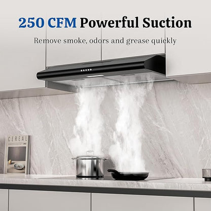 FIREGAS Under Cabinet Range Hood 30 Inch Black, Ducted/Ductless Convertible Kitchen Vent Hood with 250 CFM, 3-Speed Fan & LED Lights for Stove Ventilation