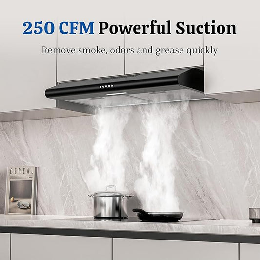 FIREGAS Under Cabinet Range Hood 30 Inch Black, Ducted/Ductless Convertible Kitchen Vent Hood with 250 CFM, 3-Speed Fan & LED Lights for Stove Ventilation