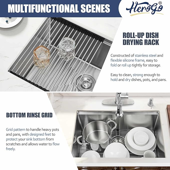 27x18Inch Undermount Kitchen Sink, Herogo Stainless Steel Single Bowl Handmade 16 Gauge 10'' Deep Kitchen Workstaion Sink Basin with Accessories