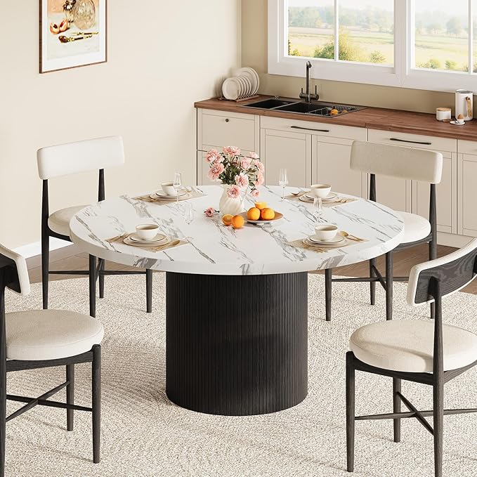 Round Kitchen Dining Table for 4-6 People, 47 inch Mid-Century Circle Dinner Tables, Rustic Wood Base in Fluted Design, Space Saving Dining Room Furniture, Large Table Only for Family Party, Marble