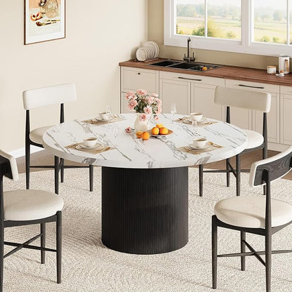 Round Kitchen Dining Table for 4-6 People, 47 inch Mid-Century Circle Dinner Tables, Rustic Wood Base in Fluted Design, Space Saving Dining Room Furniture, Large Table Only for Family Party, Marble