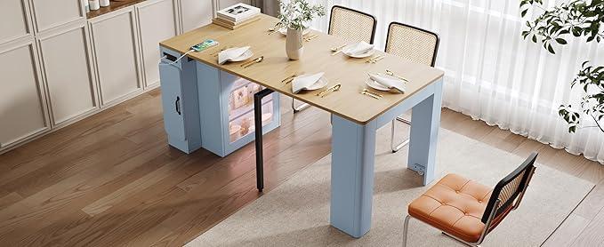 LifeSky Extendable Dining Table with Storage: Expandable Mobile Kitchen Island Table with Power Outlet & LED Light for Small Apartments - Modern Folding Cabinet Table for Dining Room & Living Room (Gr