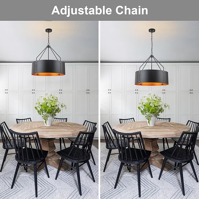 Drum Chandeliers for Dining Room,22 in Black and Gold Metal Dining Room Light Fixture Over Table, Industrial Modern Farmhouse Pendant Light for Kitchen,Entryway,Living Room