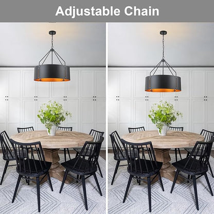 Drum Chandeliers for Dining Room,22 in Black and Gold Metal Dining Room Light Fixture Over Table, Industrial Modern Farmhouse Pendant Light for Kitchen,Entryway,Living Room