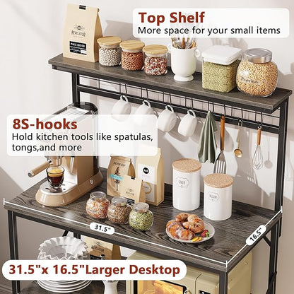 Furologee Kitchen Bakers Rack with Hutch,Coffee Stand with Storage 4 Tiers,Coffee Bar Station with a 31.5 Inch Larger Desktop and 8 S Hooks,Kitchen Microwave Rack for Spices,Pots,Rustic Brown