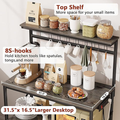 Furologee Kitchen Bakers Rack with Power Outlet,Coffee Stand with Storage 4 Tiers,Coffee Bar Station with a 31.5 Inch Larger Desktop and 8 S Hooks,Kitchen Microwave Rack for Spices,Pots,Black Oak