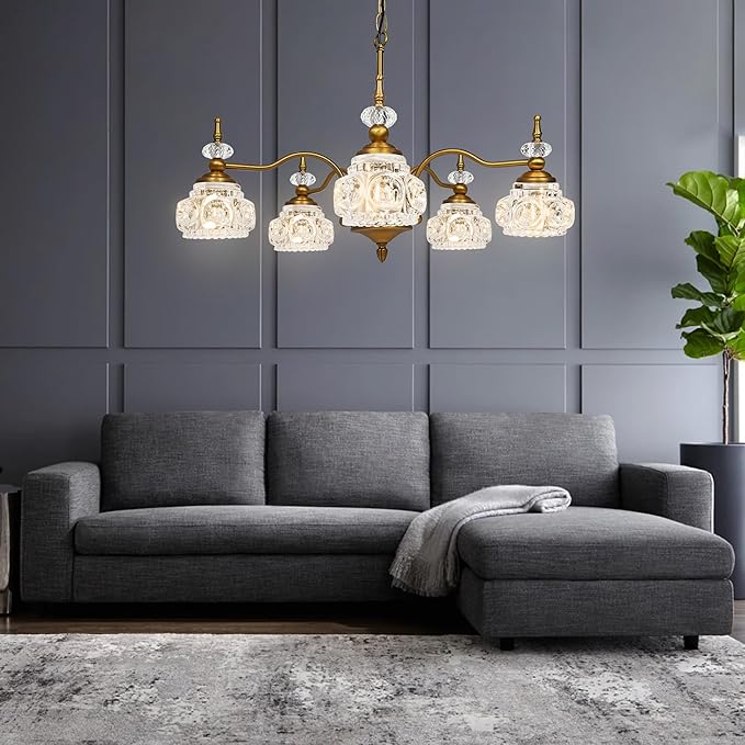 Montex Brass Pendant Light Fixture, Gold Vintage Chandelier Light Fixture 5 Lights, Include 6 Light Bulbs Glass Pendant Light Crystal Hanging Light