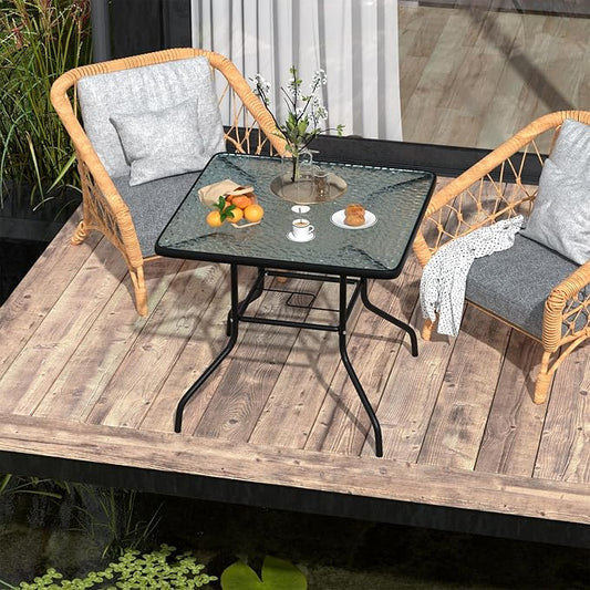 MKDLUFEI Square Outdoor Table, Patio Table with Umbrella Hole Tempered Glass Metal Table Outdoor Dining Table Garden for Deck, Yard, Balcony, Pool (Square)