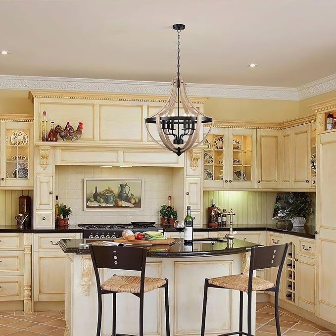 6-Light Large Rustic Farmhouse Dining Room Chandeliers, Adjustable Height Entryway Light Fixture, Hanging Wood Chandelier for Kitchen Island Foyer Stairwell Office