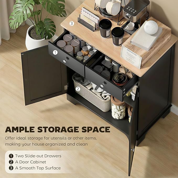 HOMCOM Sideboard Buffet Cabinet with Solid Wood Countertop, Modern Kitchen Storage Cabinet, Coffee Bar Cabinet with 2 Drawers, Doors and Adjustable Shelf, Black
