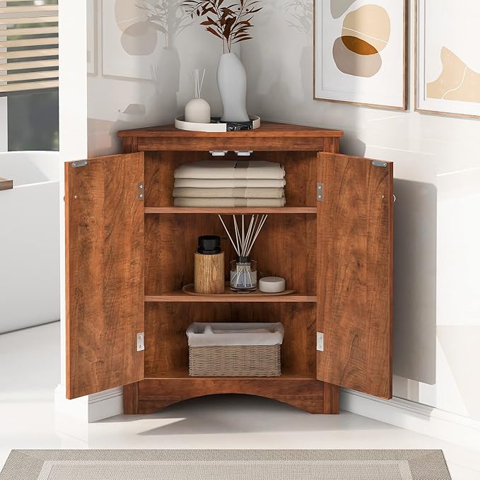 Corner Storage Cabinet with Two Doors and Adjustable Shelf, Freestanding Floor Space Saver for Bathroom, Living Room or Kitchen, Brown