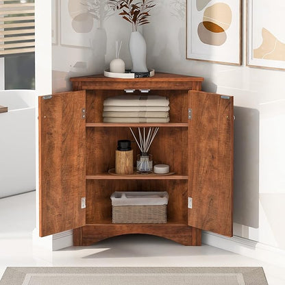 Corner Storage Cabinet with Two Doors and Adjustable Shelf, Freestanding Floor Space Saver for Bathroom, Living Room or Kitchen, Brown