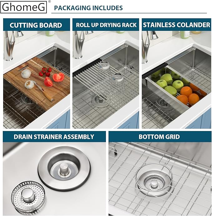 30 Inch Undermount Kitchen Sink 30x18 Workstation Undermount Sink Stainless Steel 16 Gauge 8 In Deep Single Bowl Under Counter with Accessories