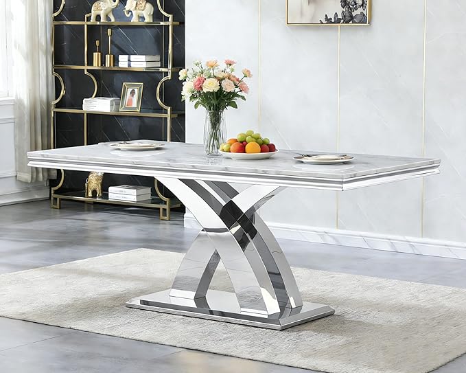 Modern Marble Dining Table for 4-6,White Dining Room Table with Silver X Stainless Steel Base,68" Rectangle Faux Marble Kitchen Table for 4-6 People,Luxury Dining Table for Living Room Home Office