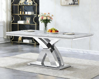 Modern Marble Dining Table for 4-6,White Dining Room Table with Silver X Stainless Steel Base,68" Rectangle Faux Marble Kitchen Table for 4-6 People,Luxury Dining Table for Living Room Home Office