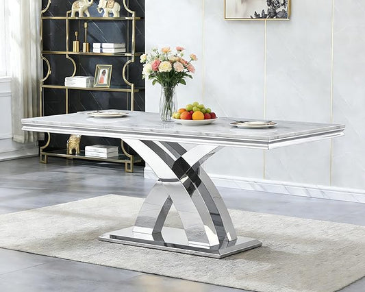 Modern Marble Dining Table for 4-6,White Dining Room Table with Silver X Stainless Steel Base,68" Rectangle Faux Marble Kitchen Table for 4-6 People,Luxury Dining Table for Living Room Home Office