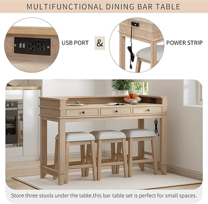 4-piece Dining Bar Table Set with 3 Upholstered Stools, Rubber Wood Counter Height Multifunctional Dining Table with 3 Drawers and USB Port, Side Table with Footrest Pub Kitchen Set (Natural-N2)