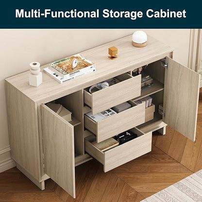 RoyalCraft Buffet Cabinet with Storage, Coffee Bar Cabinet with 3 Drawers and 2 Doors, Framed Edge Design, Modern Sideboard for Kitchen, Living Room and Dining Room, Beige