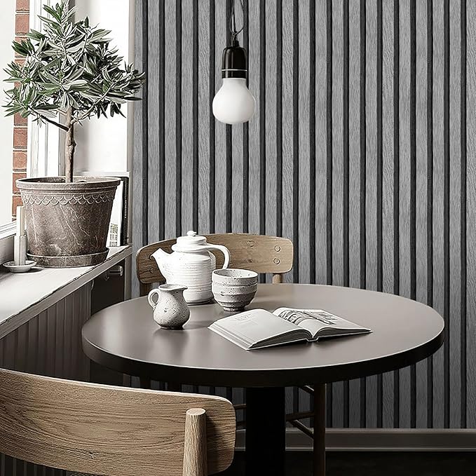 Yun-aeon Natural Wood Peel and Stick Wallpaper Grey Wood Slats - 17.3"x 480" Self-Adhesive Waterproof Vinyl Removable Wall Paper for Wall Decor Bedroom