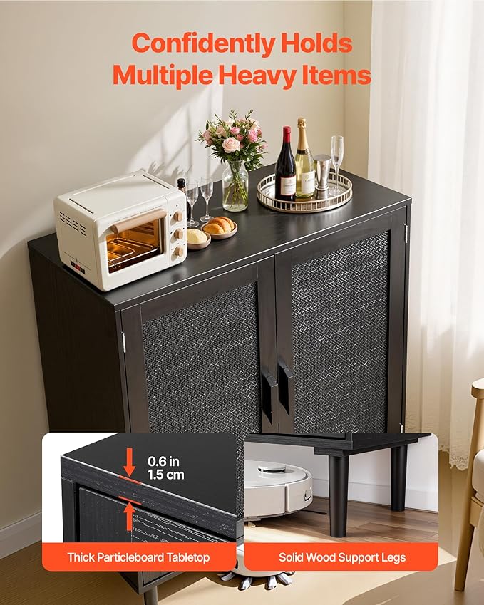 VEVOR Rattan Cabinet, Rattan Buffet Cabinet with 2 Magnetic Doors and Adjustable Shelves, Accent Sideboard Buffet with Wooden Legs & Power Cord Hole for Hallway, Entryway, Kitchen, Black