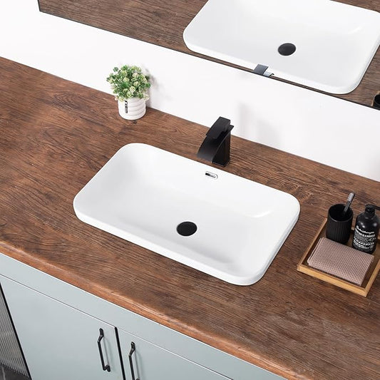 Bathroom Vessel Sink 27.3" X 15.5" Semi Recessed Bathroom Sink Rectangular Drop In Bathroom Sinks with Overflow White Ceramic Vessel Sinks for Bathroom Modern Above Counter Basin Vanity Sink
