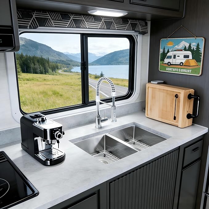 Kitsitchen RV Ktichen Sink,16 Gauge Stainless Steel Undermount Kitchen Sink with Strainer & Bottom Gird, 27" x 16" Double Bowl Kitchen Sinks Used at RV, Outdoor,Bathrom and Camper, R10 Round Corner