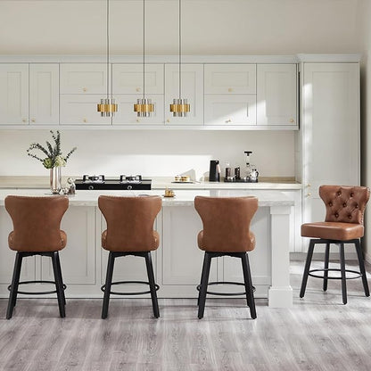 KISLOT Counter Height Barstools 26 inch Upholstered Button Tufted Swivel Bar Stools with Back for Kitchen Island,Set of 2,Brown PU Leather