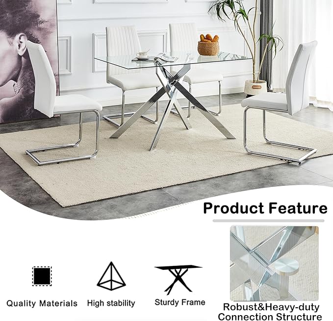 Henf 51.2'' Glass Dining Table for 4-6 People, Rectangle Kitchen Table with Silver Metal Legs, Tempered Glass Top Dining Room Table for 4, Dining Table for Dining Room Home Kitchen