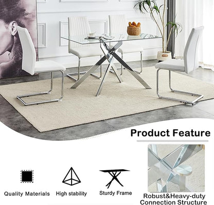 51.2'' Glass Dining Table for 4, Rectangular Dining Room Table for 4, X-Shape Silver Metal Legs, Kitchen Dining Room Living Room Glass Top Kitchen Table for 2